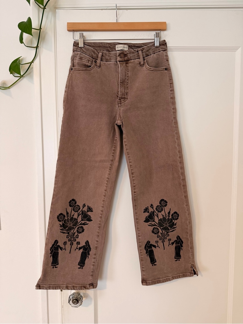 Hand printed sister nettle Brown Wide-Leg Women’s Jeans